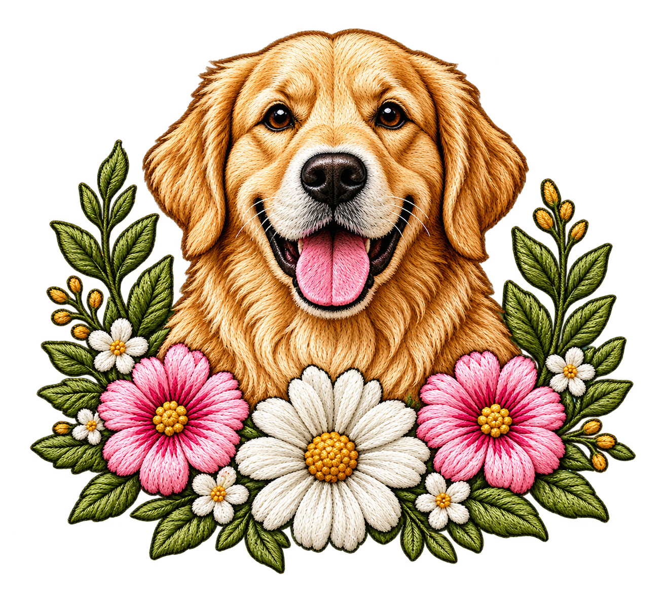 Embroidered golden retriever with flowers